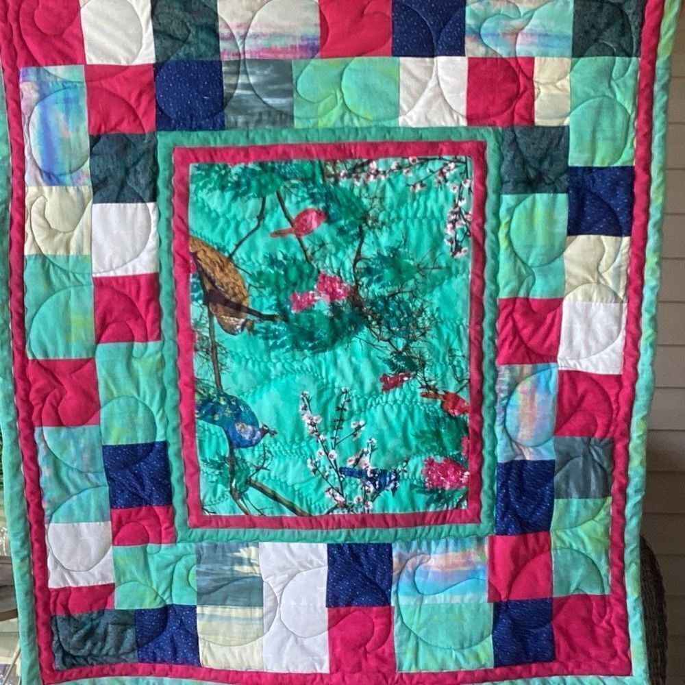 NWT Hand Crafted Turquoise Birds in Cherry Blossom Tree Quilt
